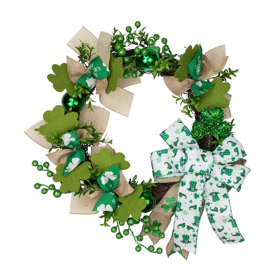 Burlap Bows and Shamrocks St. Patrick&#x27;s Day Wreath 24&#x22; Unlit